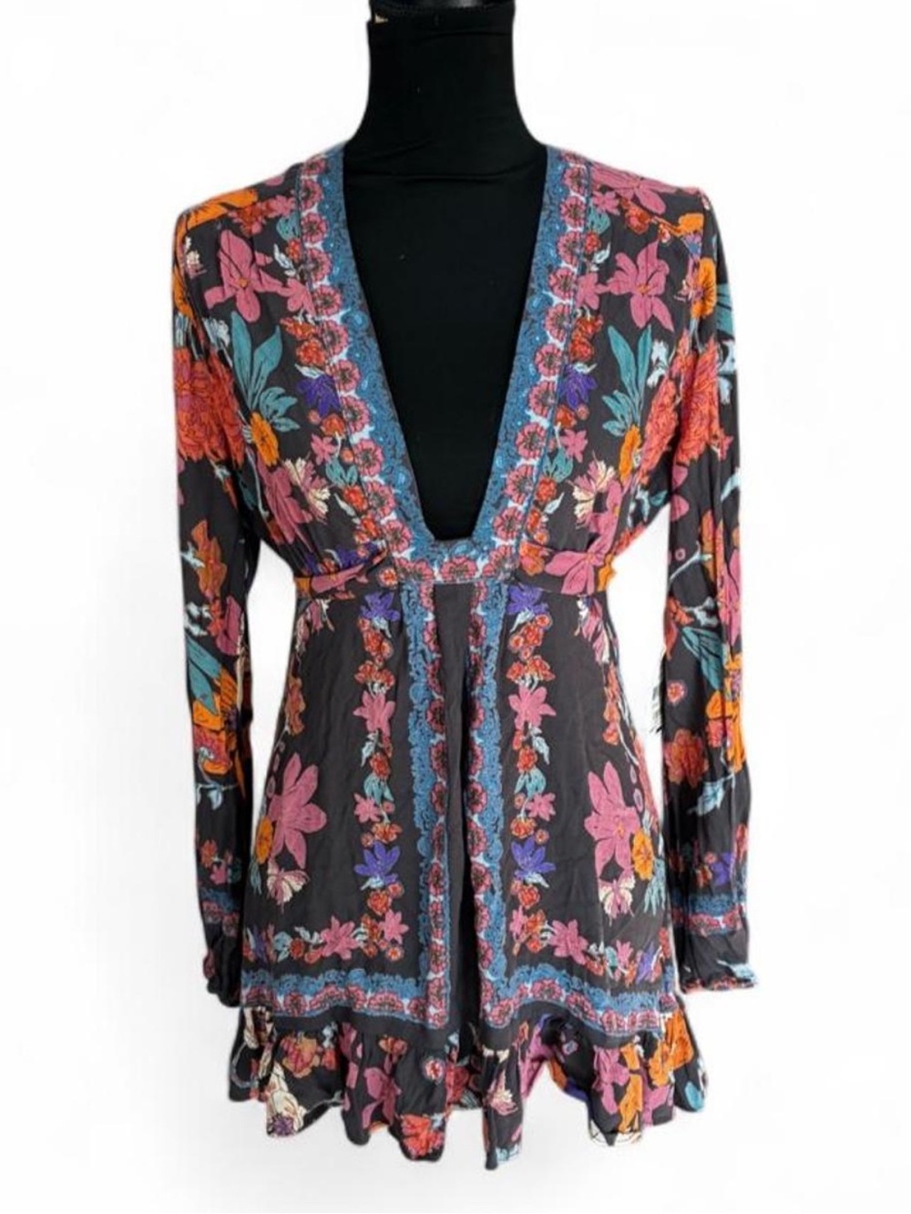 Free People Black Floral Deep V-Neck Long Sleeve Tunic